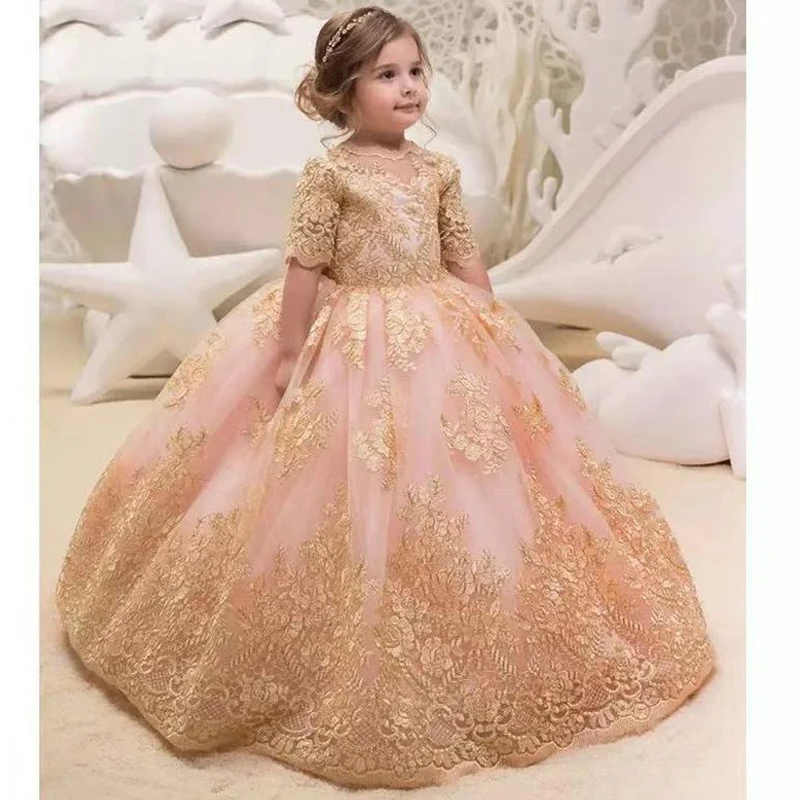 

2022 Gold Glitz Ball Gown Princess Little Girls Pageant Dresses Fuchsia Little Baby Camo Flower Girl Dresses for Wedding with Bi
