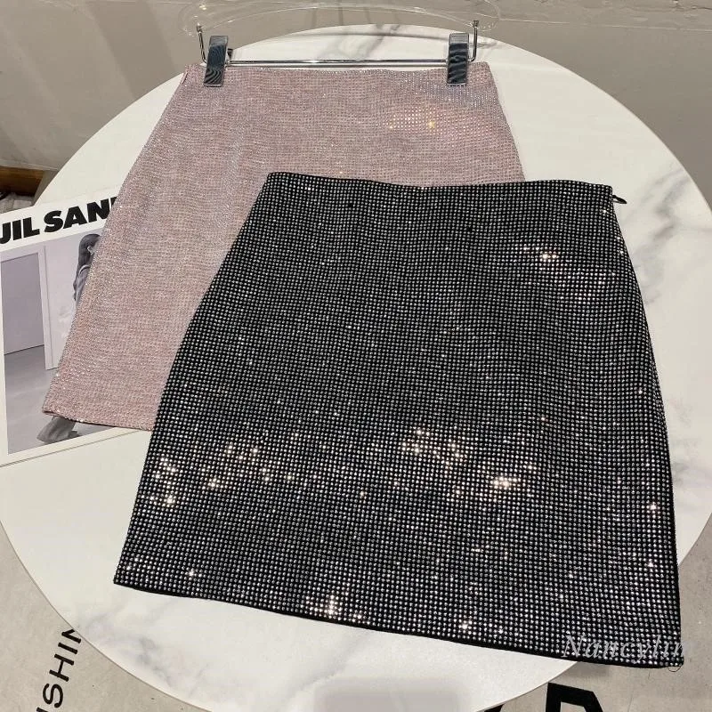 

Skirts Women Rhinestone 2022 Autumn New Shiny Diamond Nightclub Slim Fit Stretch Mini Skirt Lady Pink Black Y2k Luxury Clothes