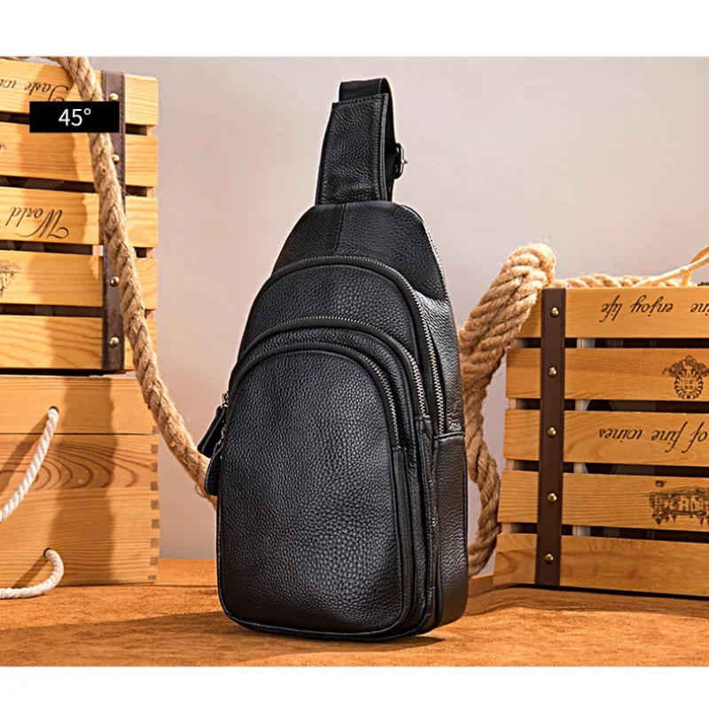 New Casual Chest Bag Men Genuine Leather Sling Bag Traveling Male Chest Pack Large Capacity Shoulder Bag