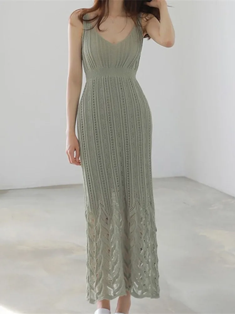 

Женское трикотажное платье на бретелях-спагетти, длинное белое или зеленое платье с глубоким V-образным вырезом, Привлекательное платье в Корейском стиле, лето 2022