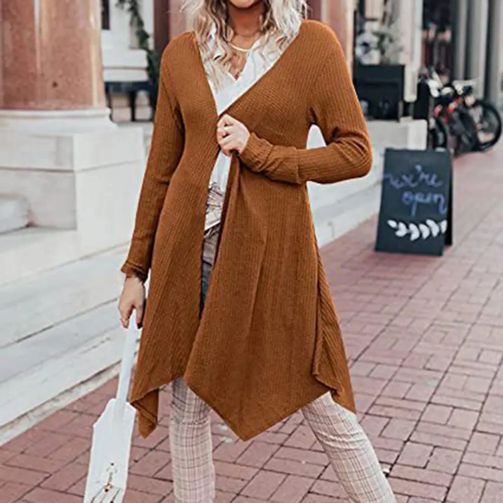 

Long Sleeve Waffle Open Front Draped Placket Knitted Jacket Autumn Winter Casual Solid Knee-Length Sweater Cardigan sweater