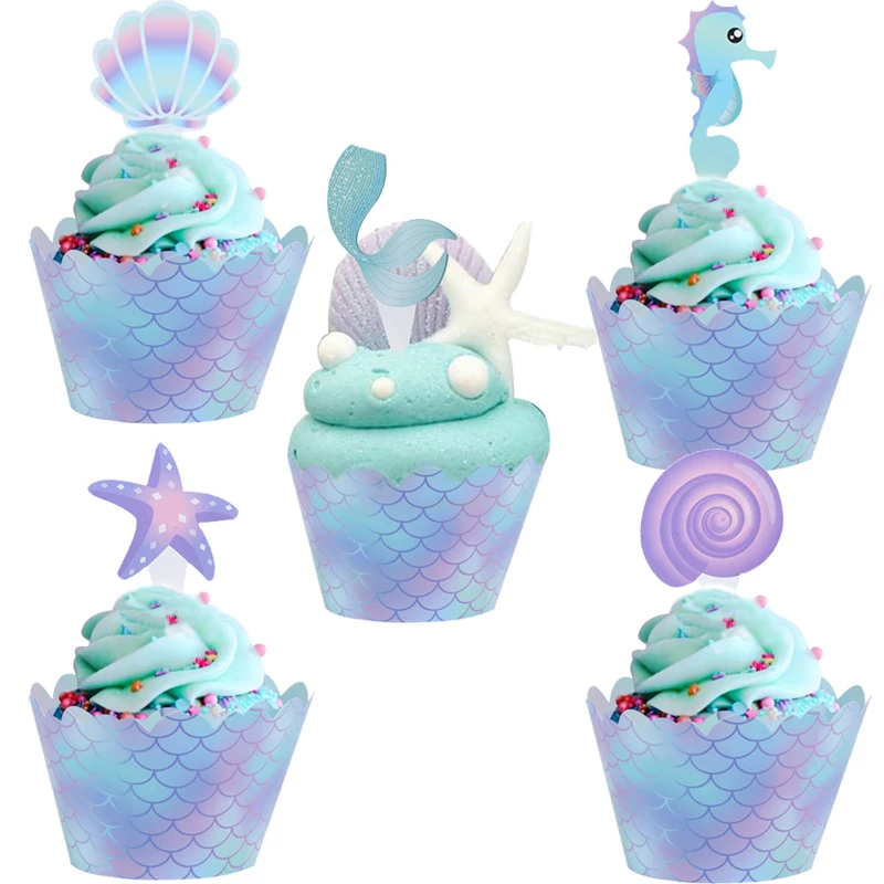 

20set Mermaid Party Cupcake Toppers Wrappers Girls Mermaid Birthday Party Cake Decoration Baby Shower Wedding Decoration