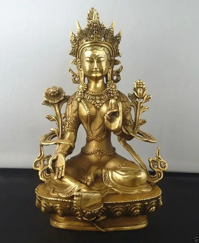 

21cm /15cm Tibetan Buddhism Copper Green Tara God Godness Kwan-yin Buddha Statue