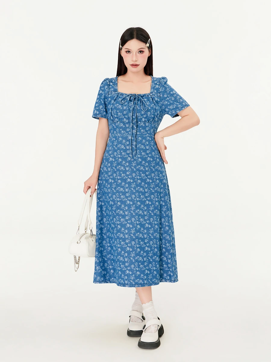 Demin dress Women Plus size Fat Mm2024 New Summer Thin Elegant Square Collar High-Grade Embroidered Denim Skirt |