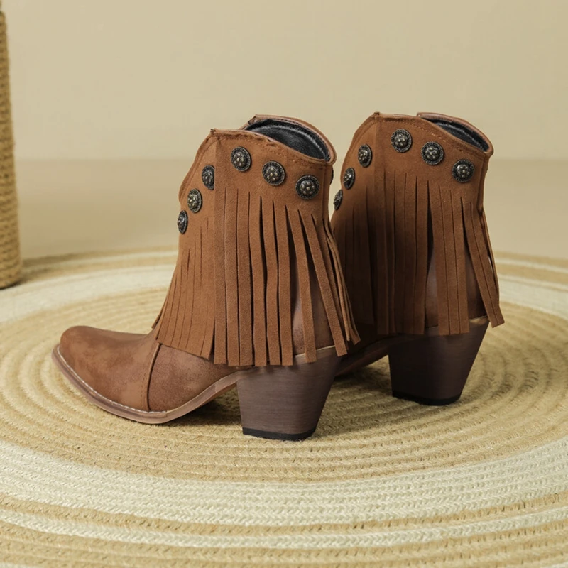 Женские ботильоны ASILETO с кисточками на каблуке 7 см ковбойские ботинки без