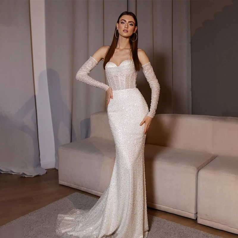 

Stunning Sequined Sheath Mermaid Wedding Dresses Sweetheart With Removeable Full Sleeves Bone Gelinlik Modelleri 2022