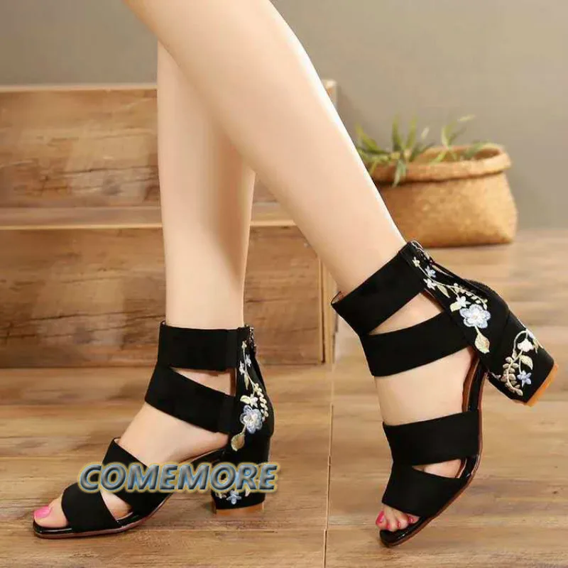 

Ethnic Style Embroidered Mid-heel Sandals Woman 2023 Summer All-match Thick Heel Elegant Retro Open Toe Embroidered Shoes Women