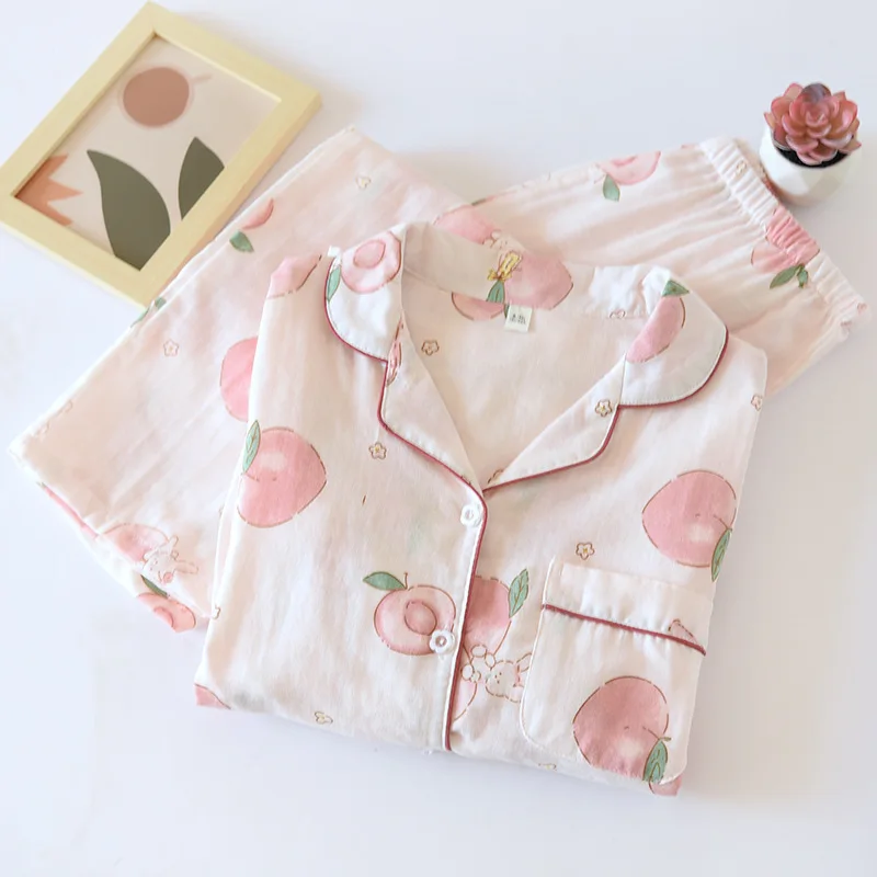 New Style Japanese Ladies Pajamas Long-sleeved Trousers Suit 100% Cotton Gauze Home Service Two-piece Suit