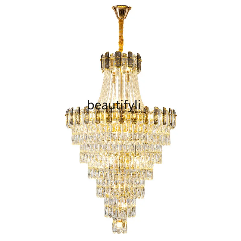 

HJ Duplex Building Living Room Crystal Chandelier Floor Jump Stairs Long Crystal Chandelier