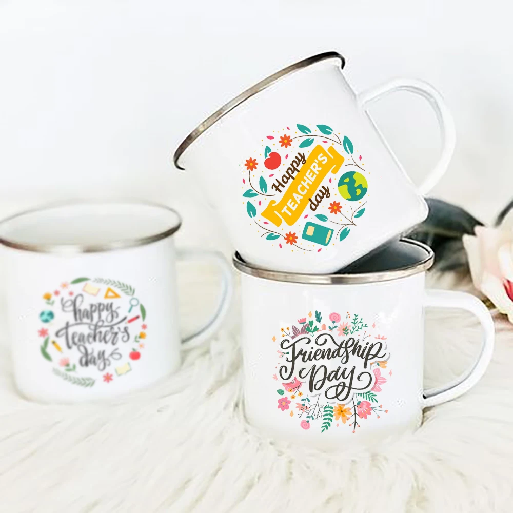 

Office Home Coffee Juice Drink Mug Holiday Gifts flower happy Teacher Printed cup Enamel handle Mugs Simple Breakfast Milk Cups