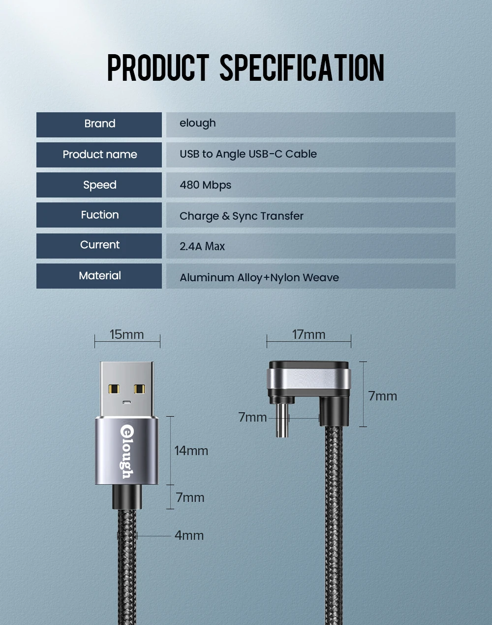 Кабель зарядный Elough USB Type-C 2 4 А с поддержкой быстрой зарядки