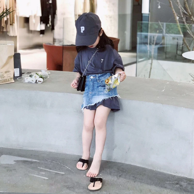 

Летний комплект для девочек из 2 предметов, футболка для малышей + джинсовая юбка, Детский костюм, детский Модный комплект с буквенной вышивк...