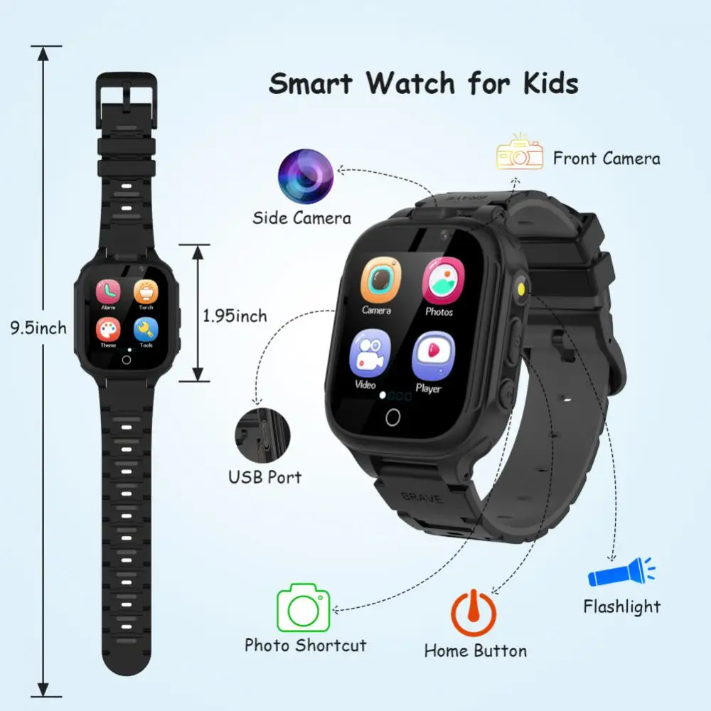 

Детские умные часы с двумя камерами, 1,54 дюйма, 14 игр, секундомер для музыкального плеера, Развивающие детские Смарт-часы с фонариками