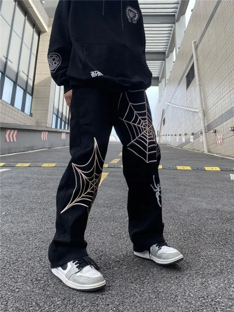 Модные свободные прямые джинсы в американском стиле с принтом паутины