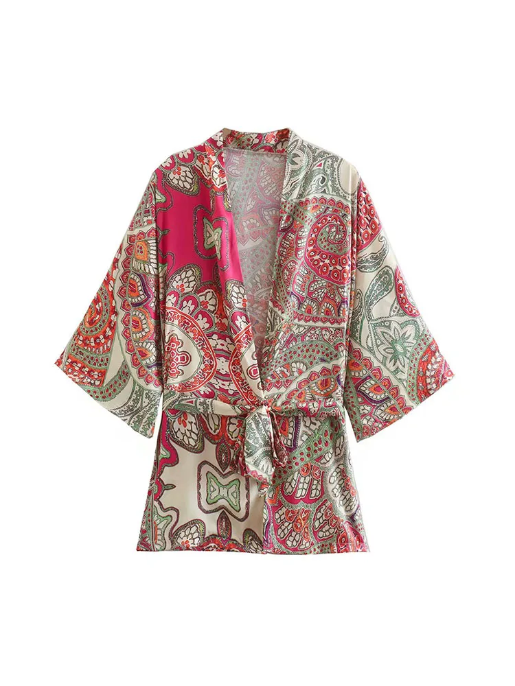 

XEASY Women Printed Outerwear Zephyr Belt V-Neck Long Sleeve Top Trousers Suit Ladies Casual Loose Resort Suit