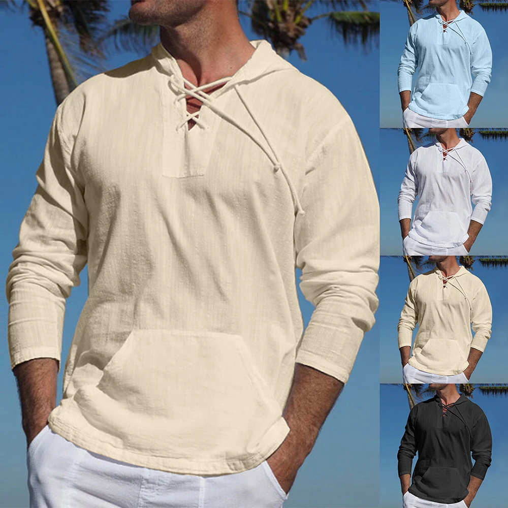 Summer New Men'S Long Sleeves T-Shirt Cotton Linen Clothes V Neck Lace-Up Loose Tops Tees Shirt Beach Casual Pullover S-2XL