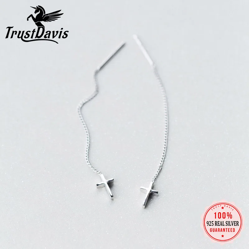 

TrustDavis, Аутентичные минималистичные серьги-подвески из стерлингового серебра 925 пробы, с кисточкой, цепочкой и крестом, 6,3 см, серьги-подвески...