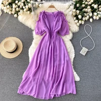 summer sexy bandage chiffon dress women elegant off shoulder high waist a line party vestidos purpleredblack midi robe new