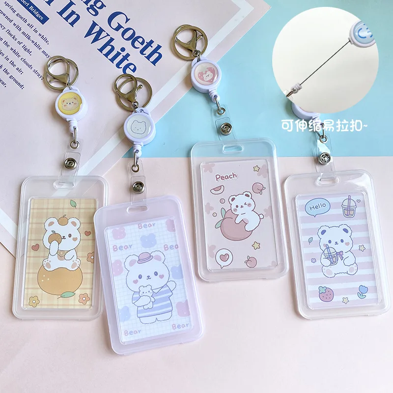 

Cute Bear Transparent Card Holder Student Meal Card ID Card Campus Access Card Bus Card Card Bag Retractable Easy-to-pull Buckle