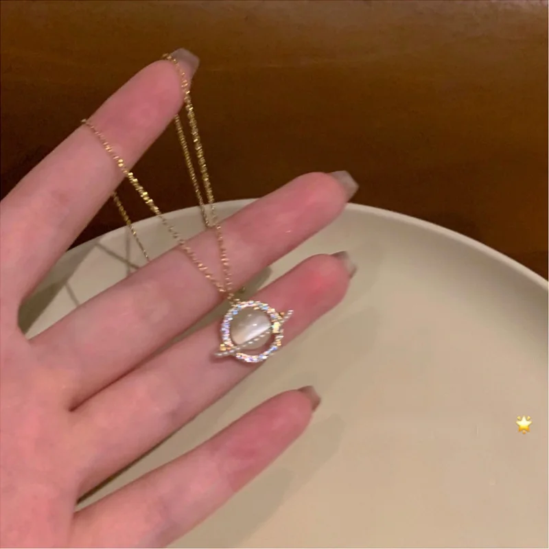

Korean Planet Opal Pendant Necklace for Women Crystal Wedding Jewelry Star Fashion Choker Clavicle Chain Statement Party Gift