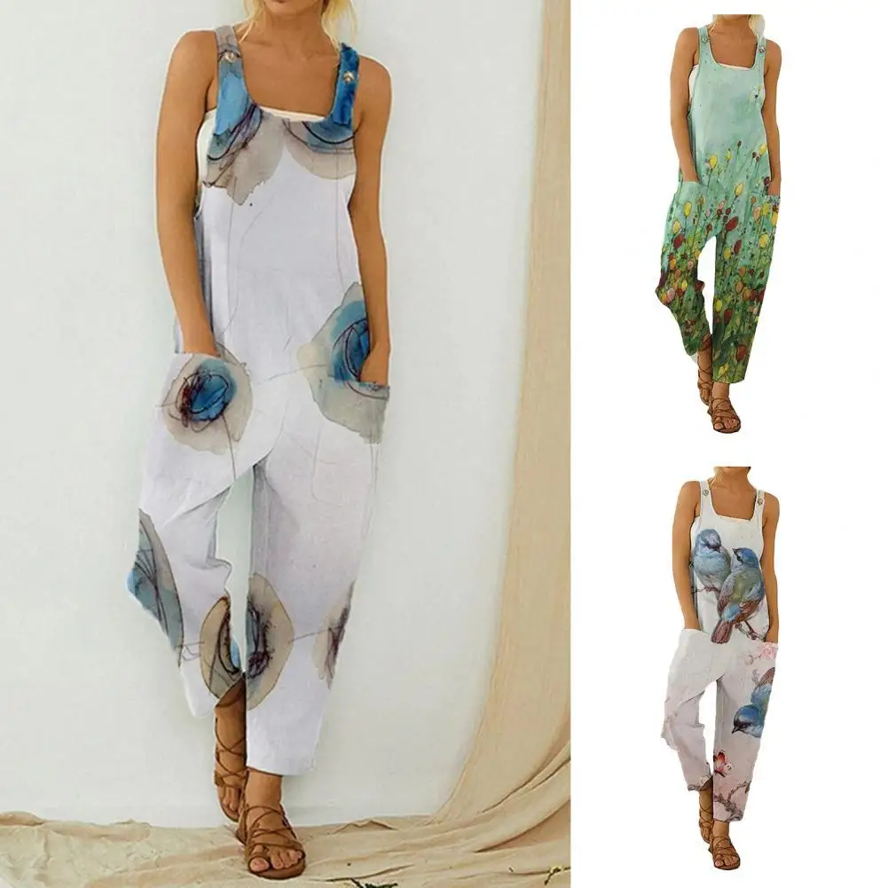 

Summer Jumpsuit Flower Printed Sling Design Casual Women Strap Loose Fashionable Rompers for Party