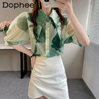 chiffon short sleeved shirt for women summer thin 2022 chic large pointed collar puff sleeve top printed blusas femme