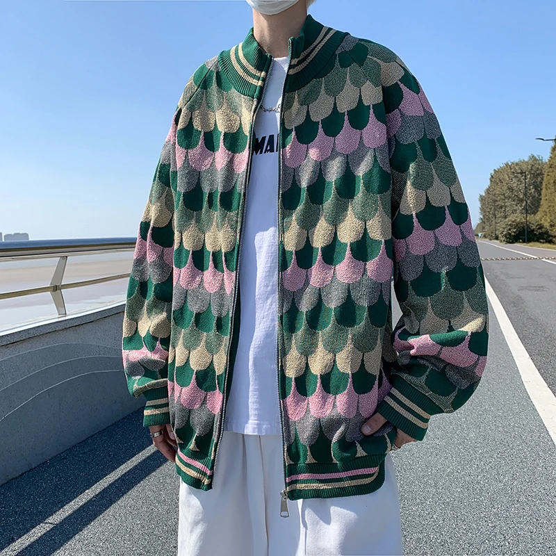 

vintage Printing Men's knitting Cardigan Coat Fashion Male Loose Zippers knitted sweater men coats korean Unisex Autumn Jackets