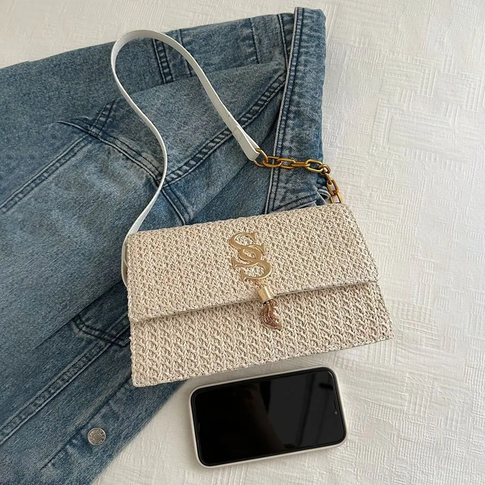 Модная соломенная сумка через плечо большой вместимости с цепочкой ручной