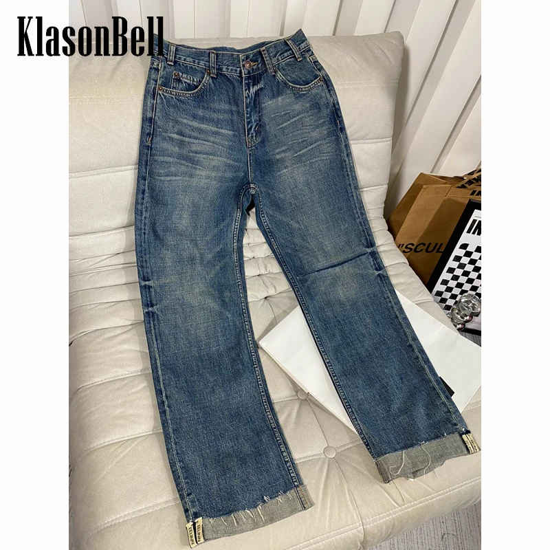 11.10 KlasonBell Comfortable Casual Letter Print Hole Frayed Hem Straight Jeans Women