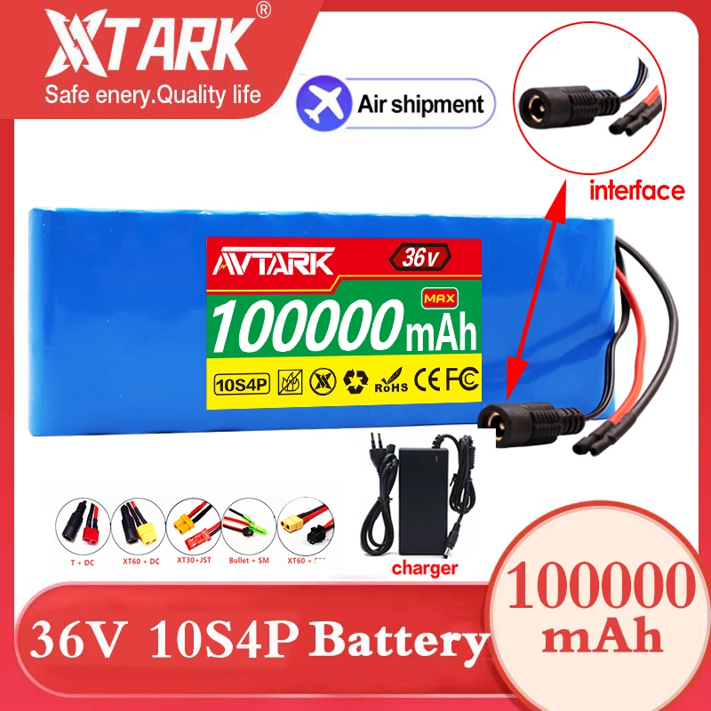 

2023 XT60 Interface 36V 100000mAh 10S4P Battery Pack 1000W High Power Battery 36V 100Ah Electric Bicycle BMS + 42v Charger