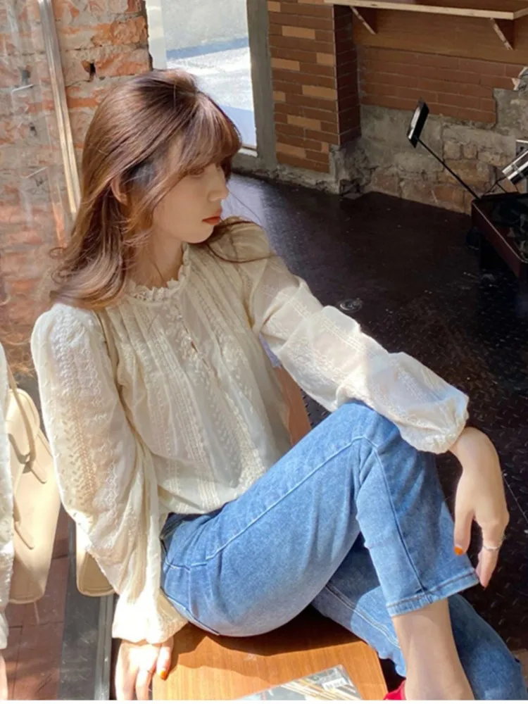 Женская кружевная блузка с круглым вырезом элегантная повседневная Свободная