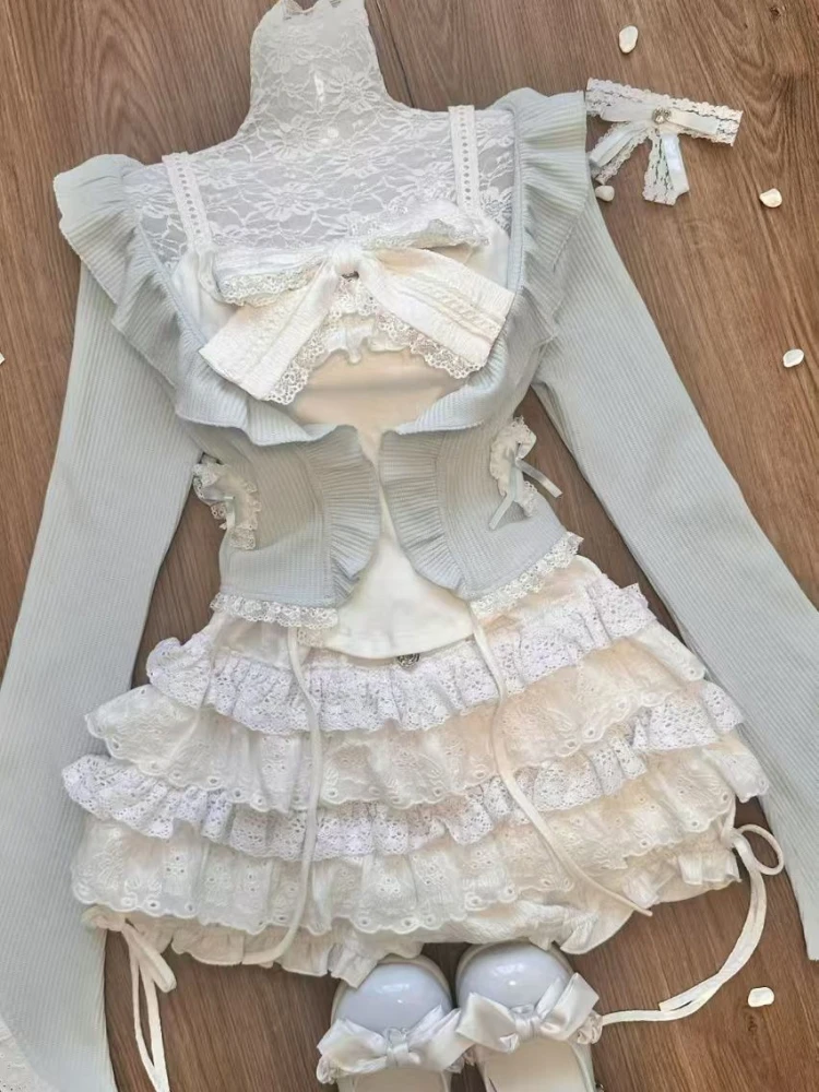 Милый комплект из 3-х предметов для женщин Harajuku кардиган с рюшами + кружевной
