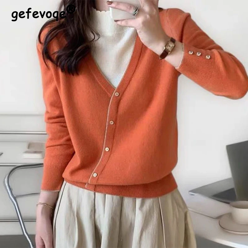 

Autumn Winter Half High Collar Elegant Fashion Patchwork Knitted Jumper Top Women Fake Two Piece Wild Casual Pullover Sweater