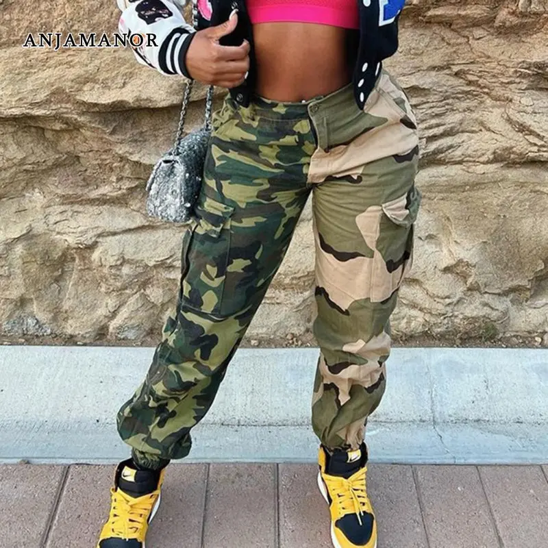

ANJAMANOR Camo Cargo Pants Womens Streetwear 90s Joggers Two Tone Camouflage Bottoms Fashion Baggy Hot Pants D82-FF51