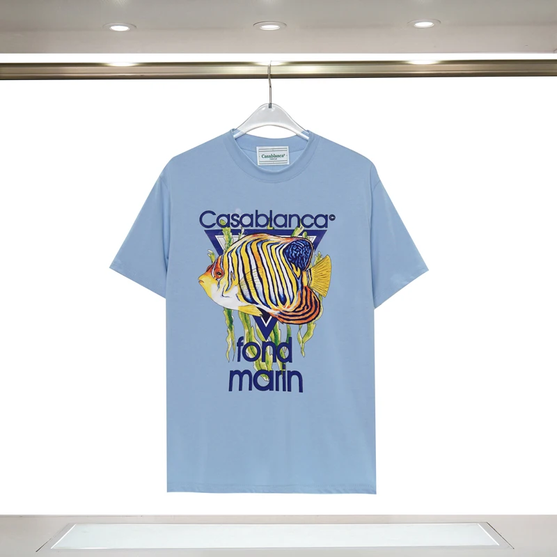 

23SS Summer CASABLANCA Tshirts Ocean Fish Alphabet Print Loose Casual Cotton Men's Women's Short Sleeve T-shirt