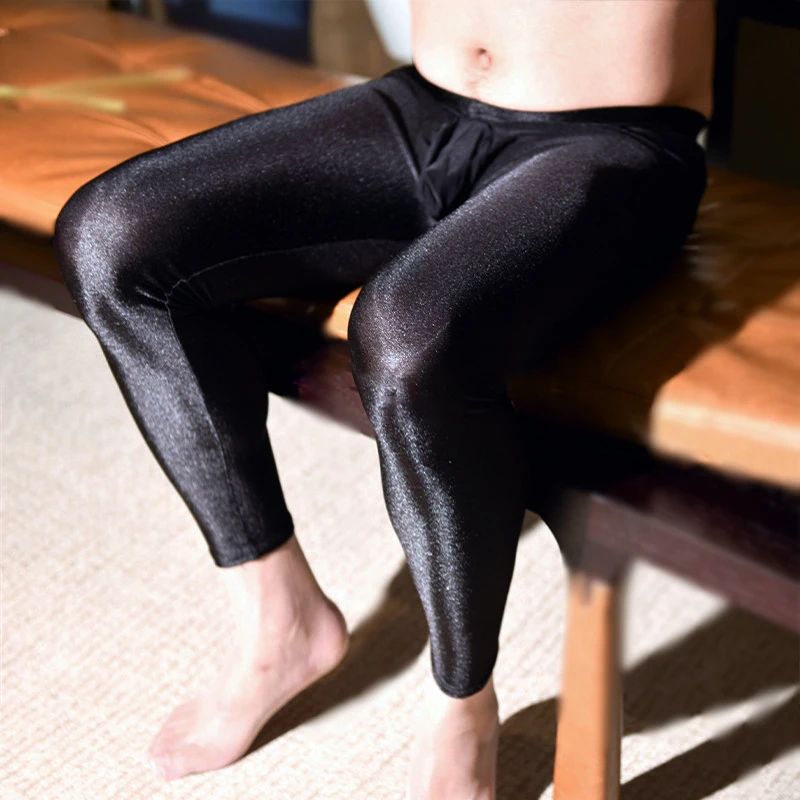 

Elastic Mens Black Tights Thin Shiny Pants Slim Leggings Glossy Thermal Underwear Long John Convex Pouch Onderbroek Hoog Mannen
