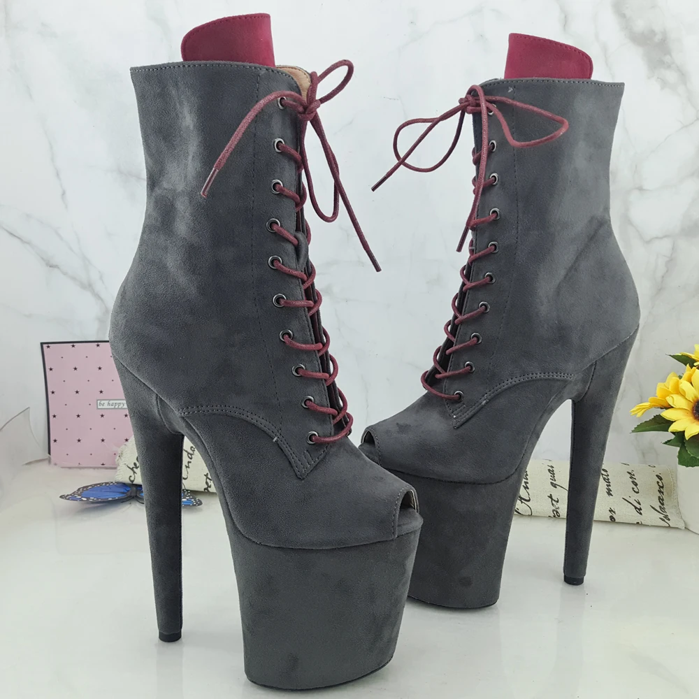 Leecabe  Grey suede with RED touge 20CM/8inches  High Heel platform  open toe Pole Dance boots