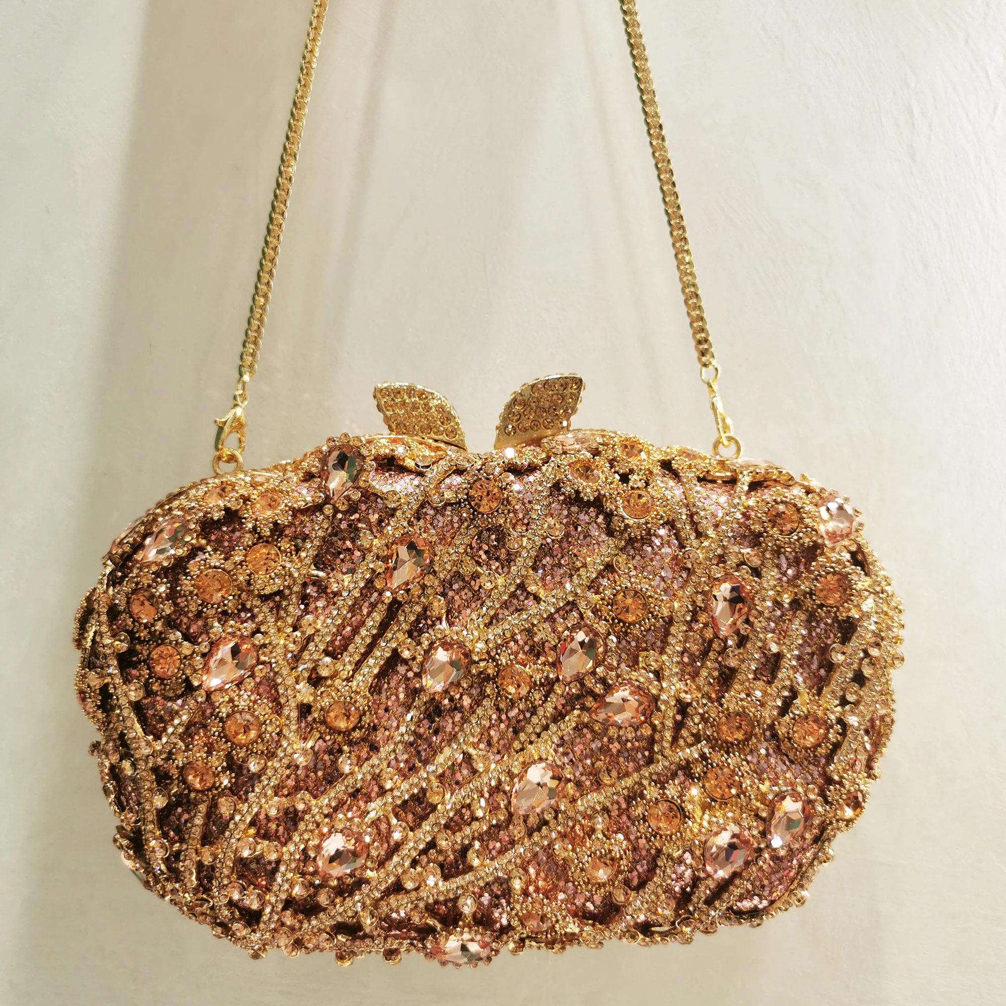 

Woman Champagne Rhinestone Hollow Feather Evening Bag Wedding Bridal Banquet Crystal Handbag Party Dinner Diamond Clutch Purse