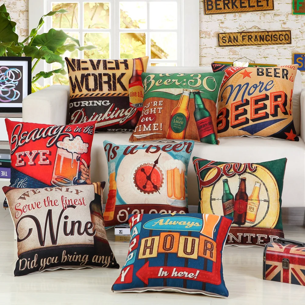 

Vintage linen digital printing sofa pillow office waist back cushion Fashion Beer Print Throw Pillow Party activity decoration