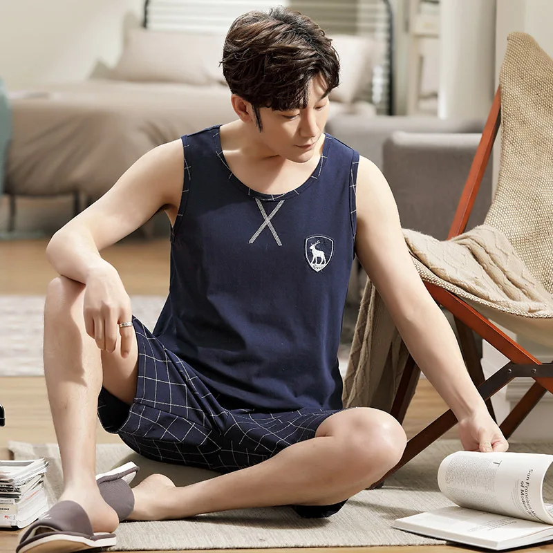 Summer Men's Pajamas Cotton Vest Shorts Casual Loose Home Clothes Korean Version of The Youth Simple Suit Can Be Worn Outside