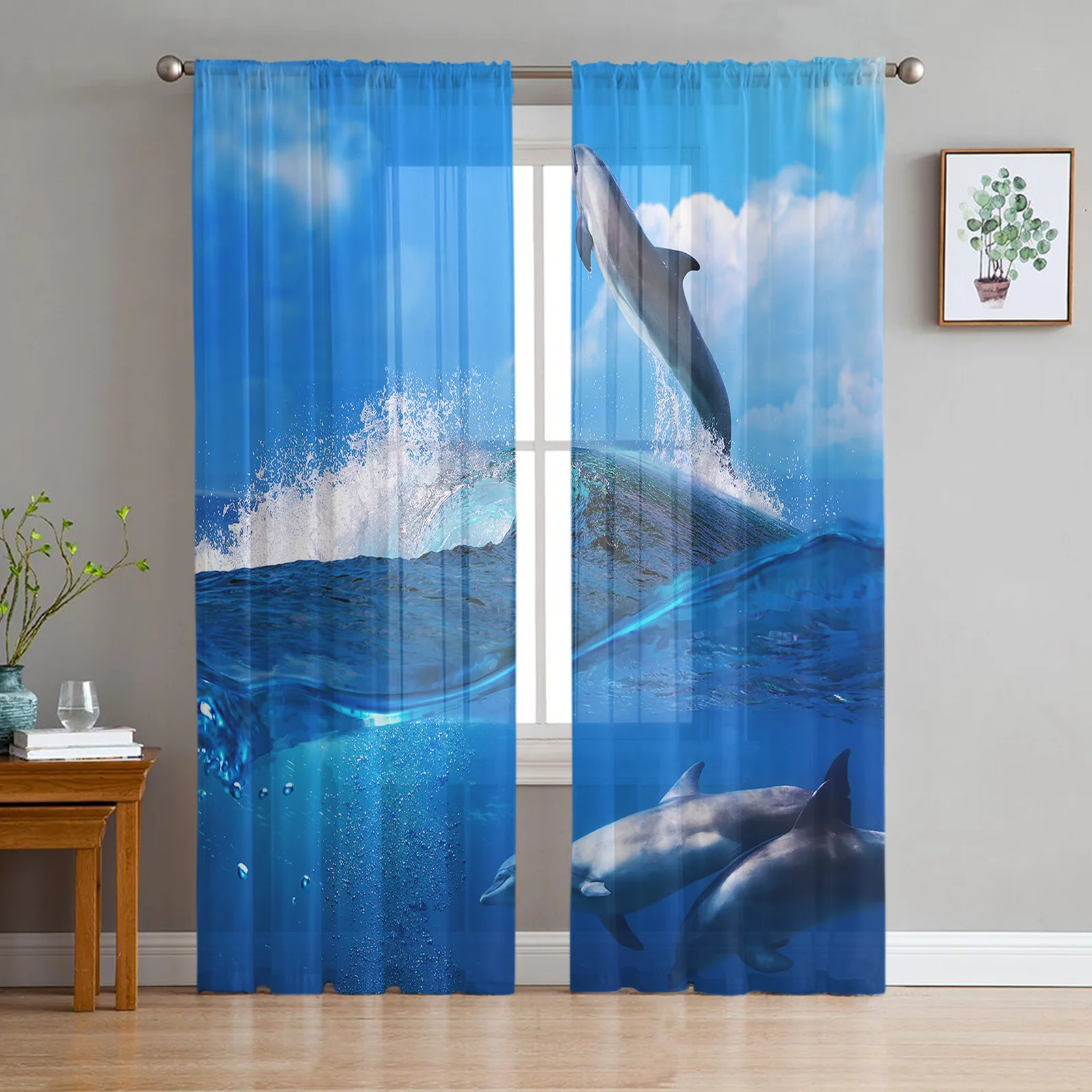 

Прозрачные шторы из тюля с изображением океана, дельфина, облаков, для гостиной, спальни, комнаты, кухни, Фотошторы