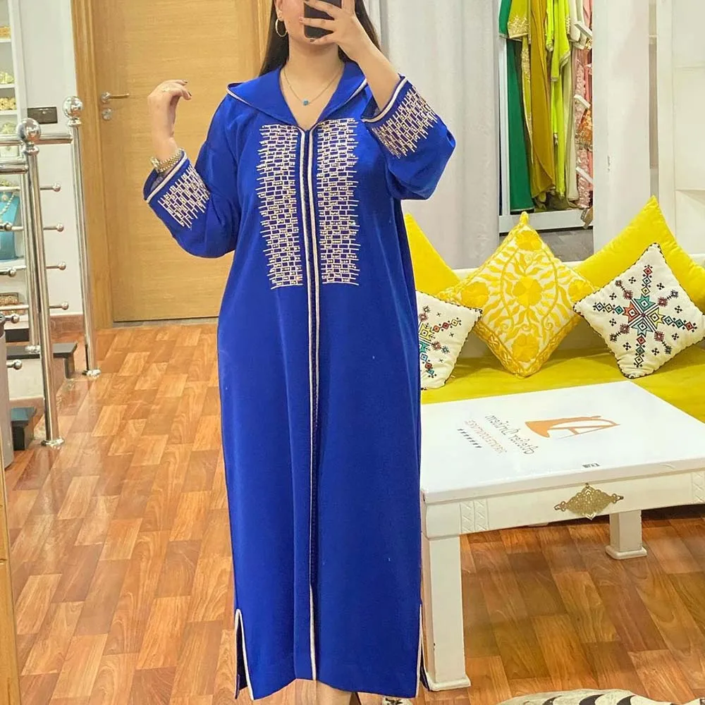 

Dubai Abaya Blue Dress Women Floral Embroidery Hooded Caftan Marocain Muslim Moroccan Turkey Islam Elegant Maxi Dresses 2022