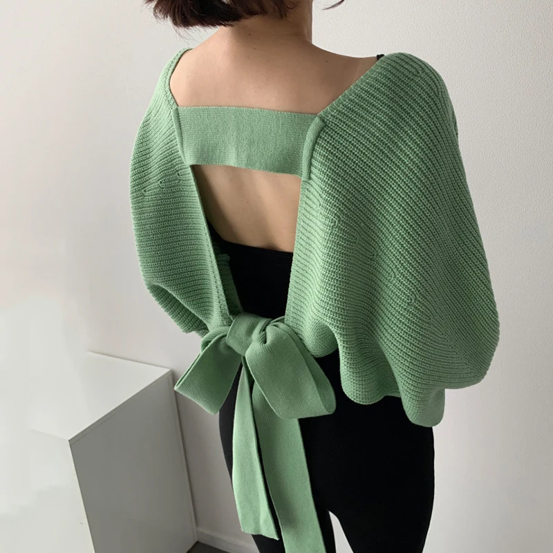 

Elegant Sweater with Bowknot Women Korean Chic Spring and Autumn Temperament Strappy Sweater with Loose Blouse on The Back Y2k