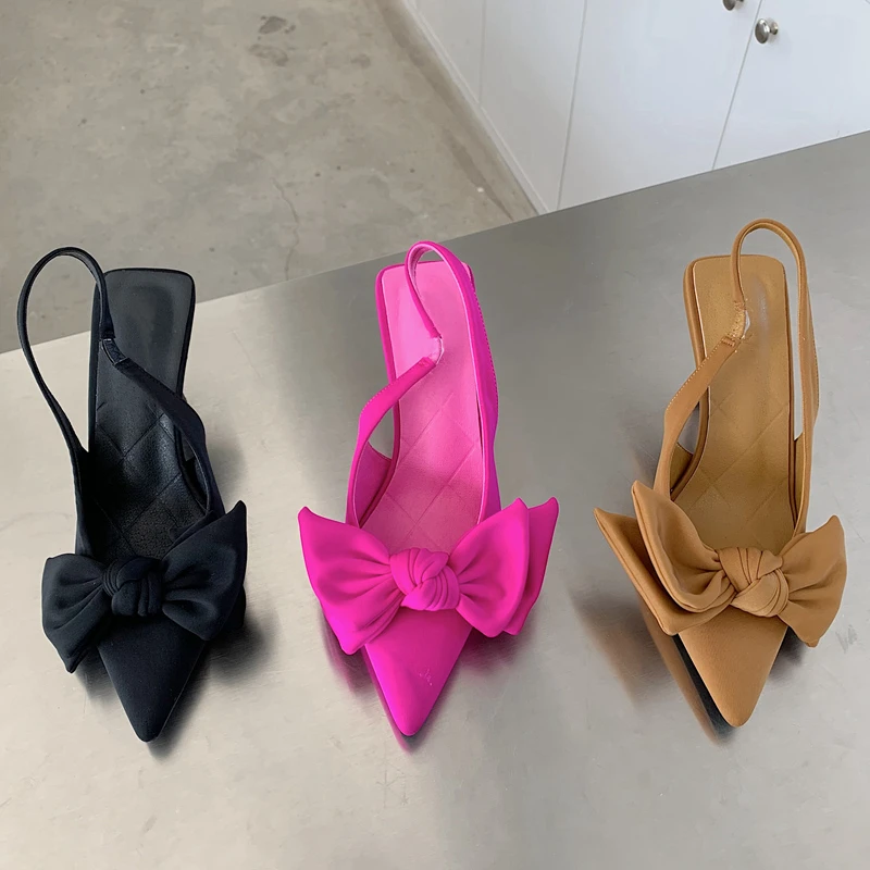 

2022 Summer Brand Women Slingback High Heel Sandals Shoes Fashion Bow-knot Pointed Toe Slip on Ladies Elegant Dress Pumps Shoes
