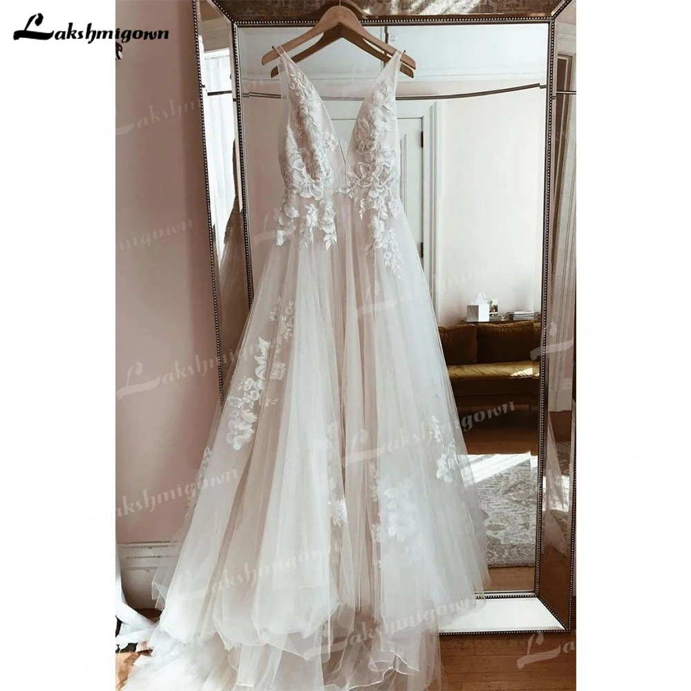 

Lakshmigown элегантные длинные вечерние платья для свадьбы шикарная аппликация Тюлевое платье невесты V-образный вырез женское свадебное платье