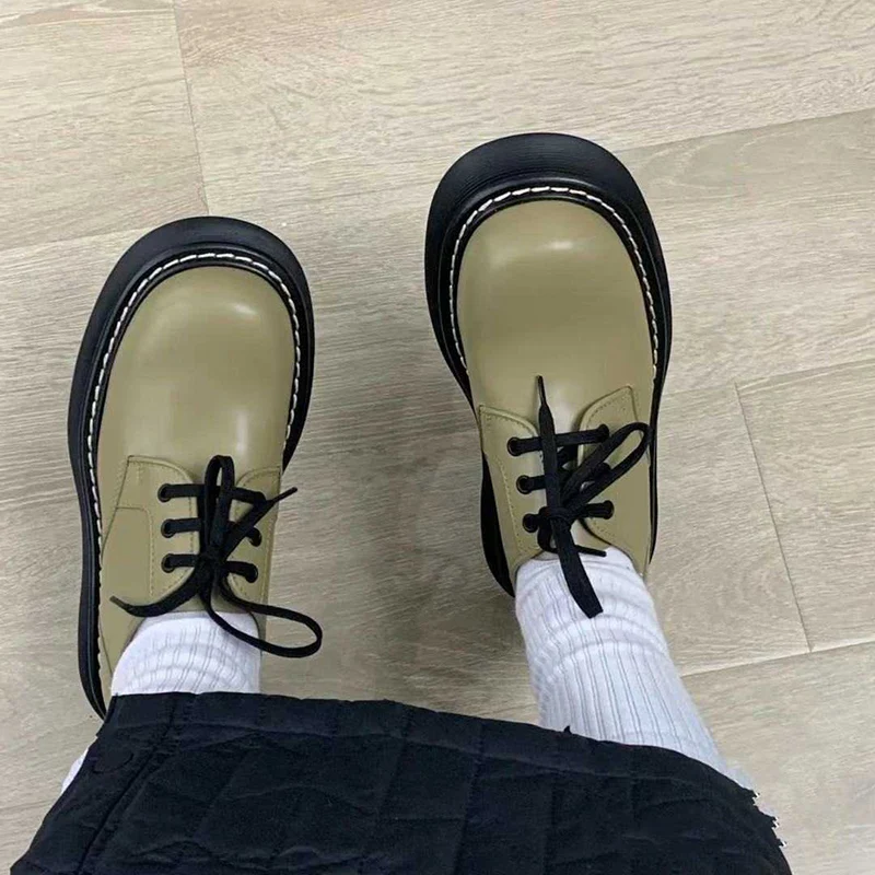 

Britsh Style Platform Derby Shoes Woman PU Leather Lace-up Flats Chunky Heels Ladies Casual Oxford Shoes Comfortable Sewing 2022