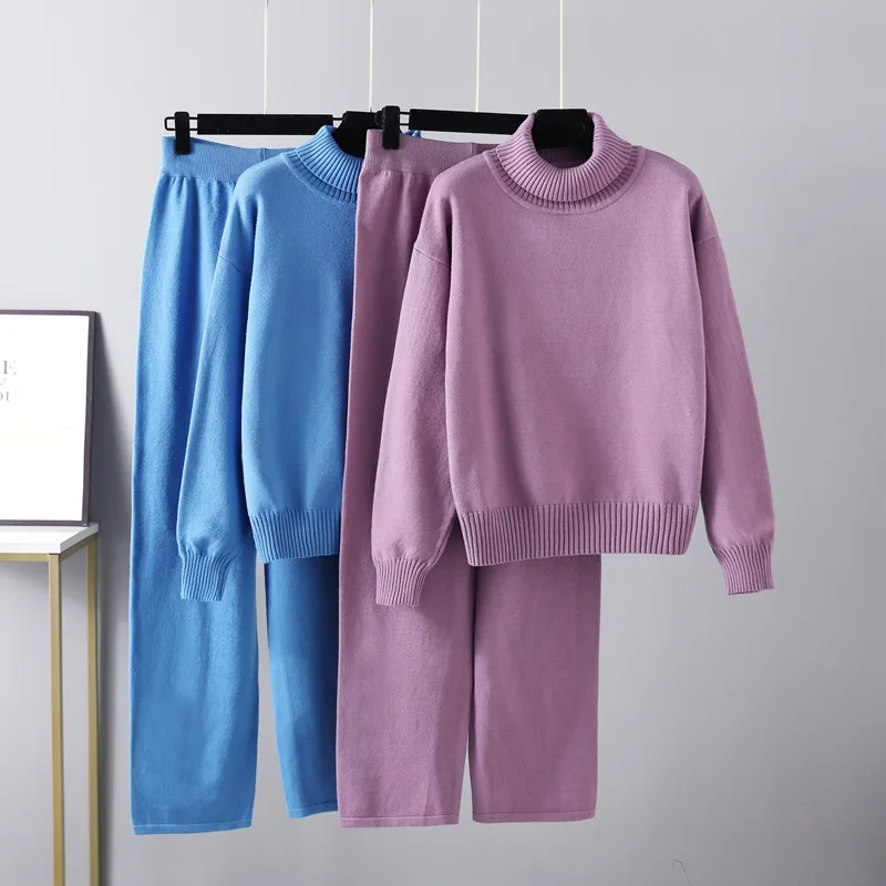 

Fashion High-neck Suit 2022 Autumn and Winter New Solid Color All-match Outer Wear Pullover Knitted Top Casual Pants 2-piece Set
