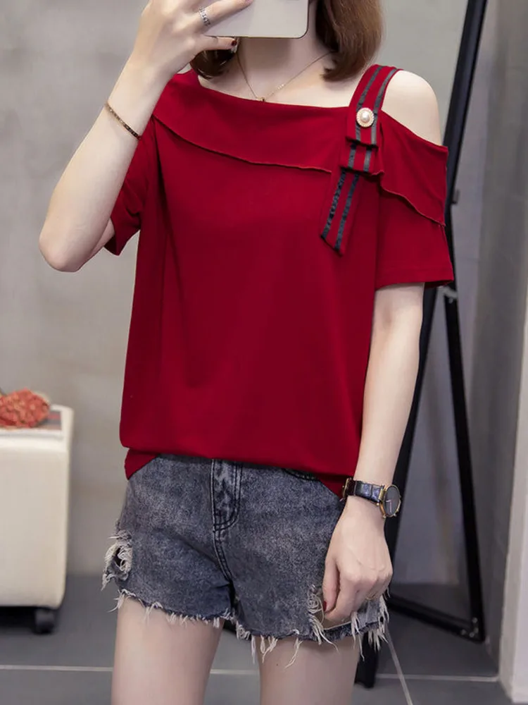 

Oversize Off The Shoulder Cotton Basic T-shirt Women Summer Loose Ruffles Beading Large Tshirt Short Sleeve Chic Tops XL-4XL