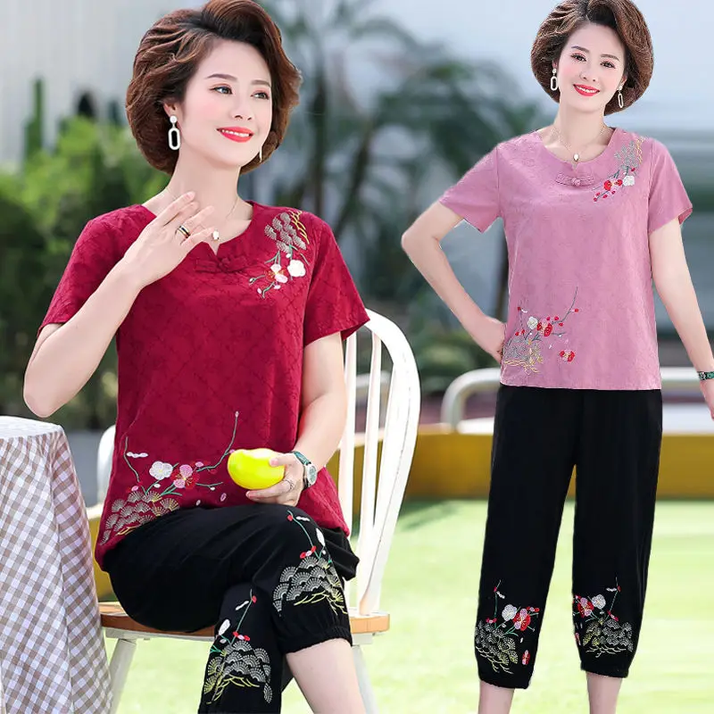 

2022 Summer Middle Age Women O Neck 2 Piece Set Female Printed Short Sleeve T-shirt & Pants Sets Large Size Loose Tracksuit C79