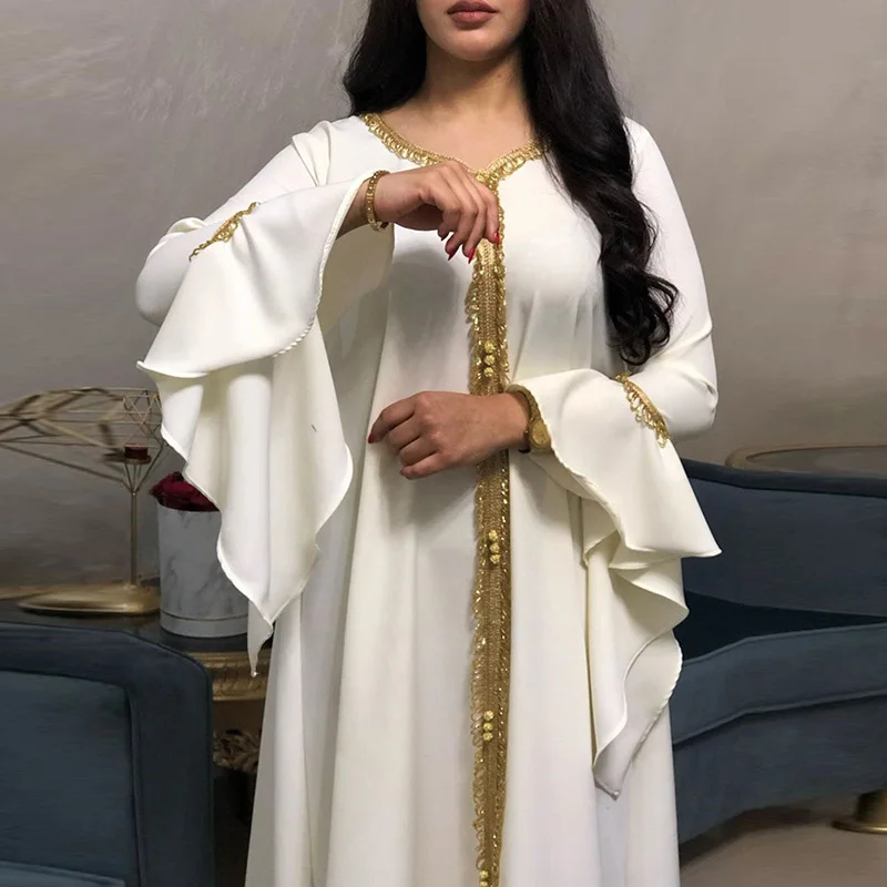 

eid Mubarak Muslim Women Kaftan Abaya Dress Dubai Turkey Golden Ribbon Hijab Abayas Muslim Arabic Islamic Clothing Caftan Robe